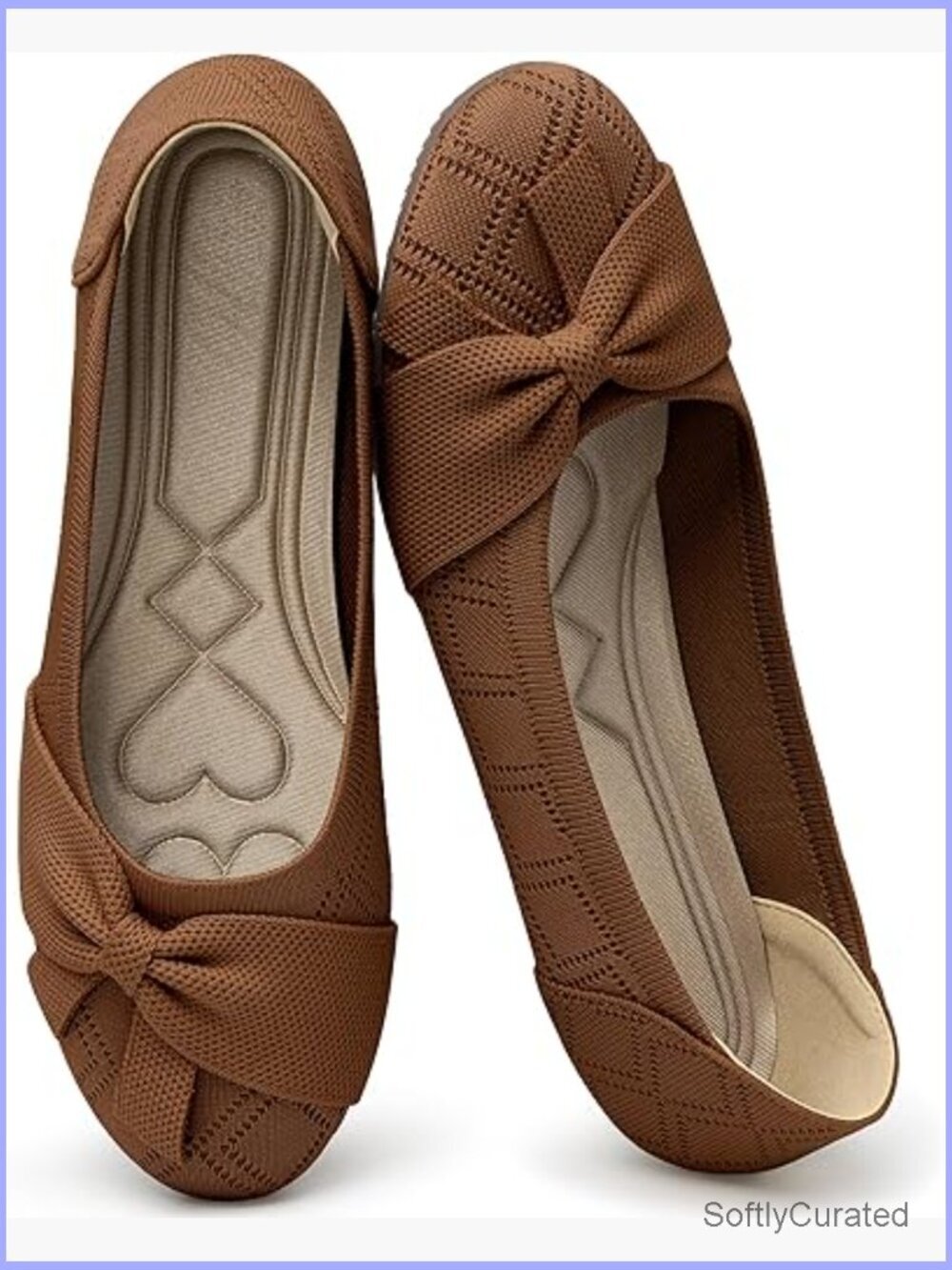 Women's Ballet Flats with Bow, Knit Fabric, Slip-On Walking Shoes for Work